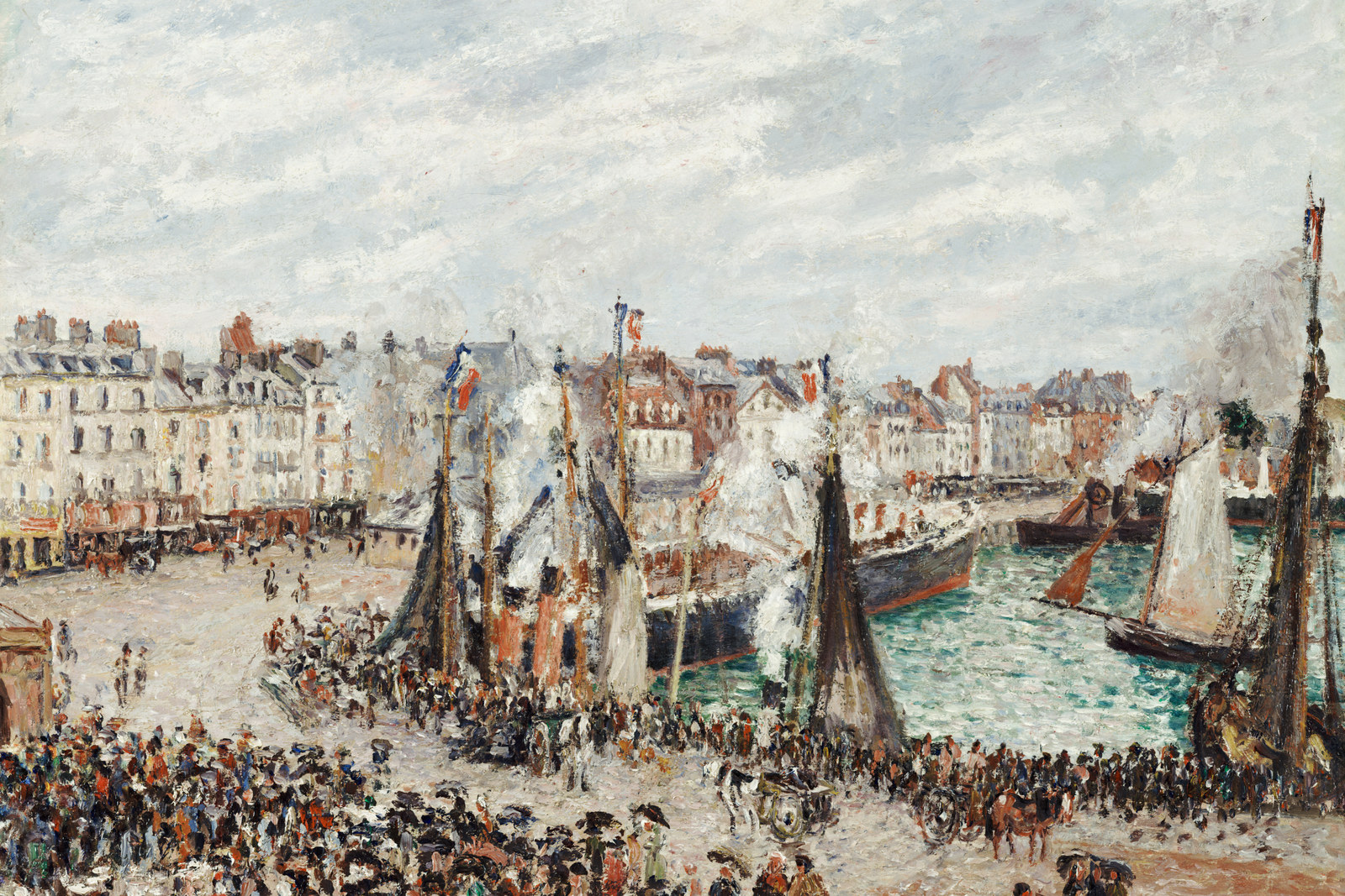 Pissarros Dieppe-Ansicht von 1902 zeigt Dächer und kleine Figuren am Fischmarkt unter einem grauen Morgenhimmel.