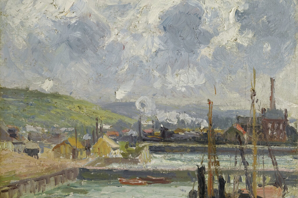 Ein Pissarro-Gemälde von 1902 zeigt Boote und Gebäude am Bassin Duquesne in Dieppe unter einem hellgrauen Himmel.