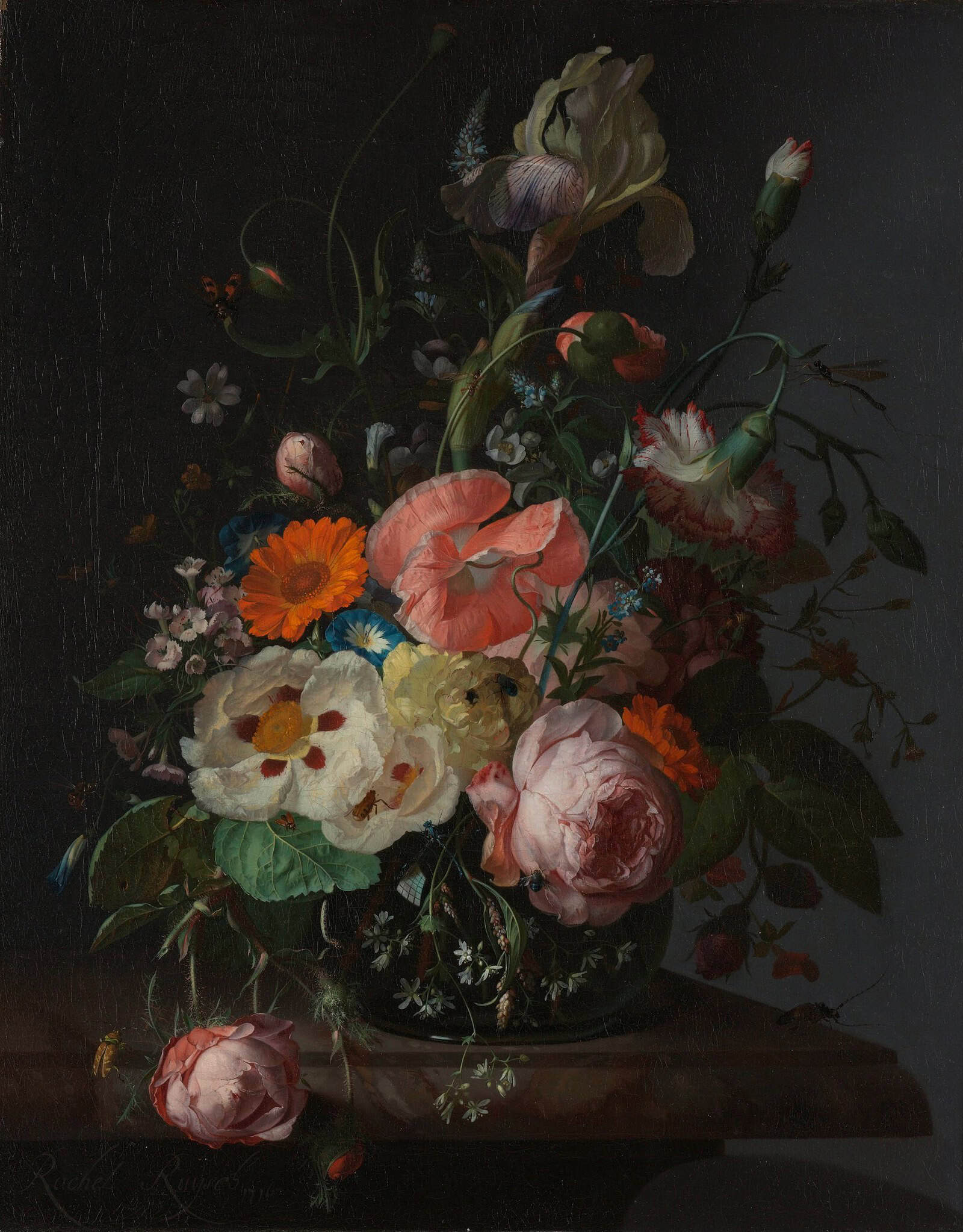 Rachel Ruysch - Still life with flowers on a marble tabletop. Still life with flowers on a marble table top . [ 1 ] Alternative title(s): Still life with flowers on a marble tablet