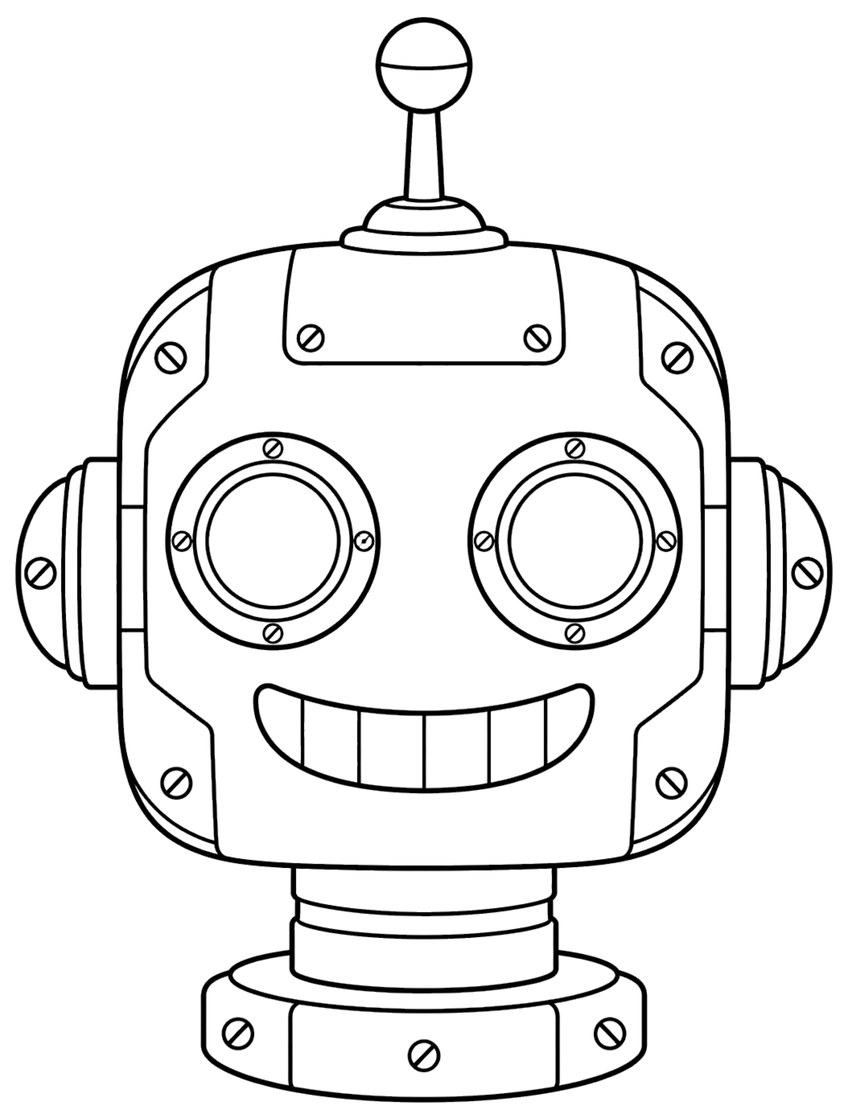 Ausmalbild eines lächelnden Roboterkopfs mit Antenne und Schrauben