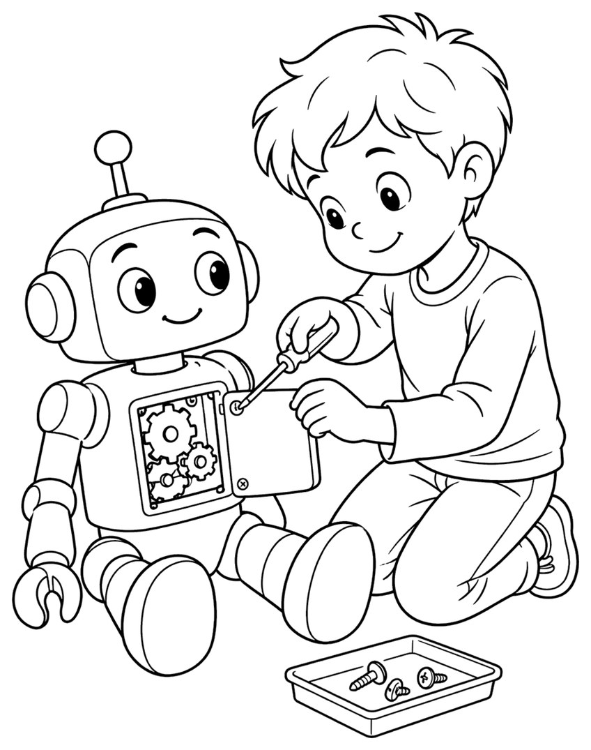 Ausmalbild: Kind schraubt die Klappe eines sitzenden Roboters auf