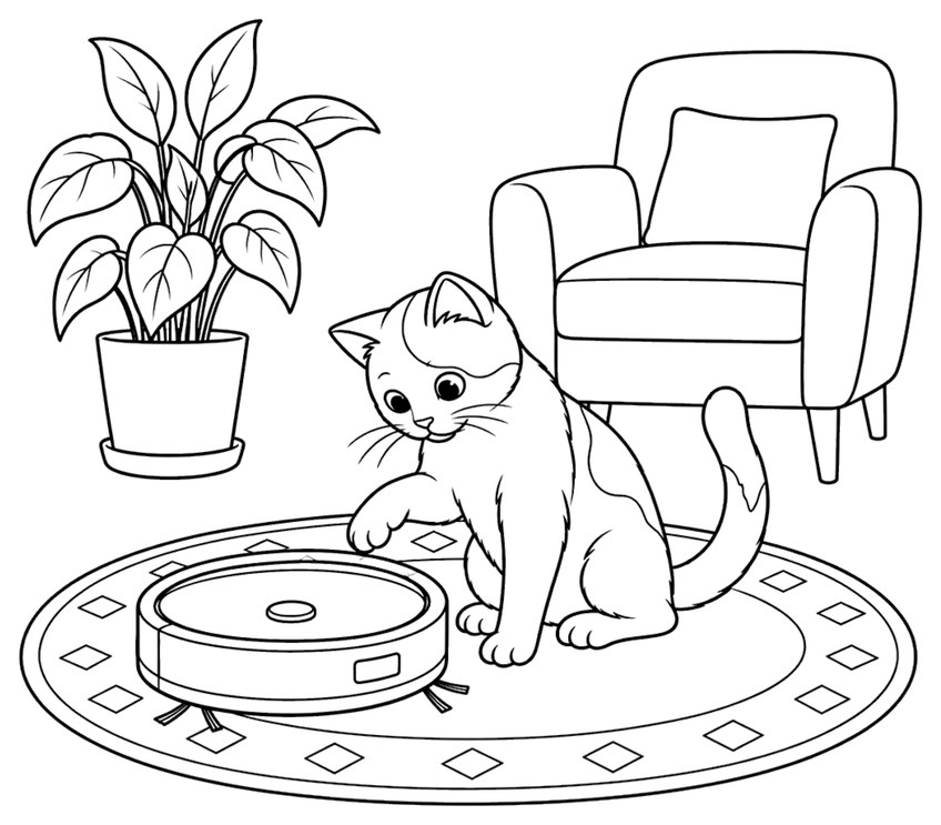 Ausmalbild: Katze auf Teppich spielt mit rundem Saugroboter im Wohnzimmer