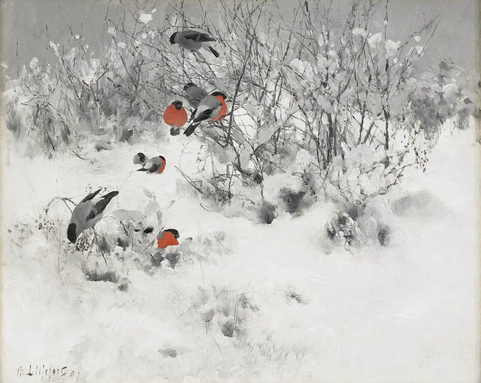 Bruno Liljefors’ „Winterlandschaft mit Gimpeln“ von 1891 zeigt die Naturmalerei eines von Stålenhag genannten frühen Vorbilds.
