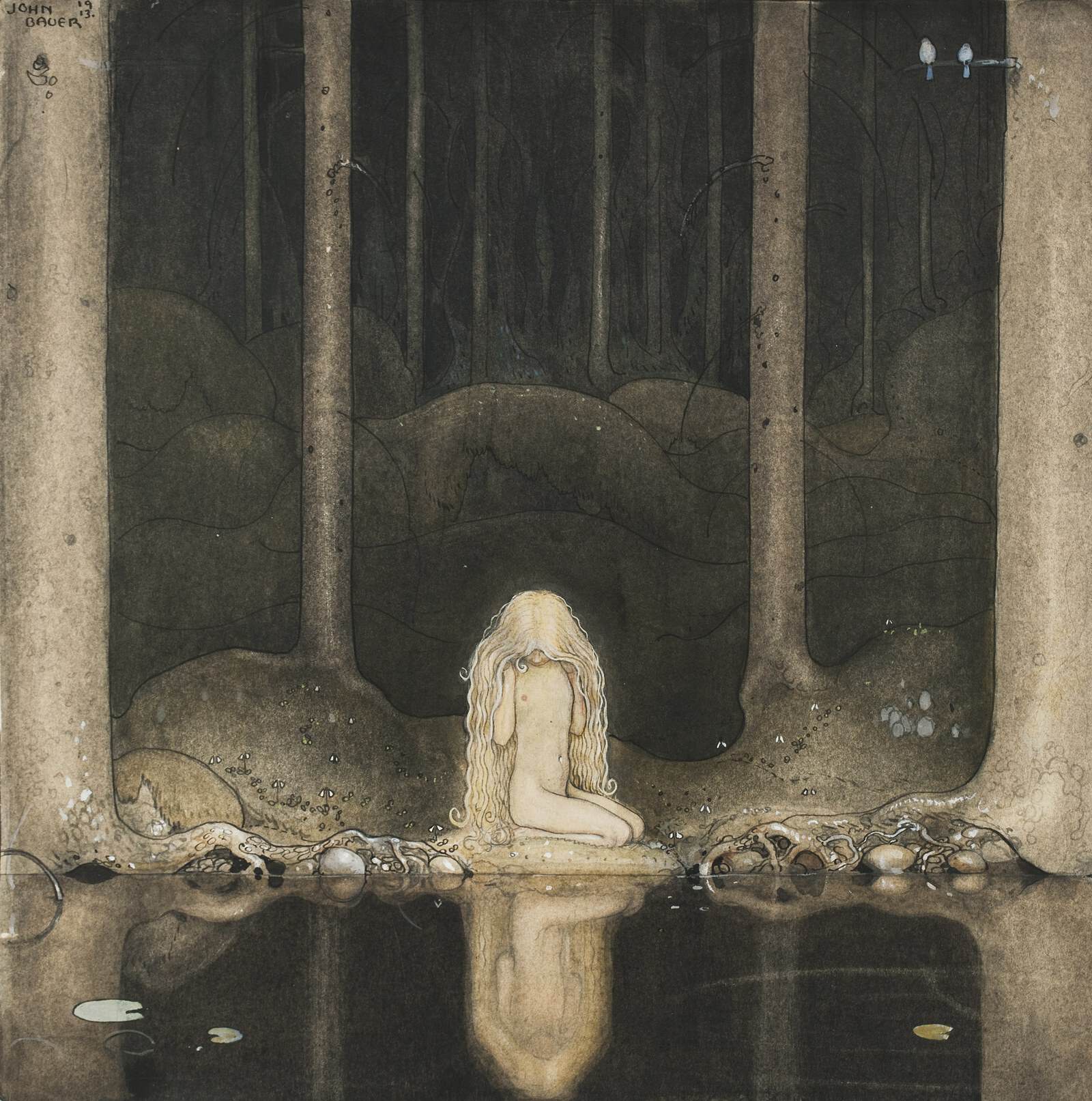 Bauers charakteristische Verbindung von Märchenfigur, dunklem Wald und spiegelndem Wasser.